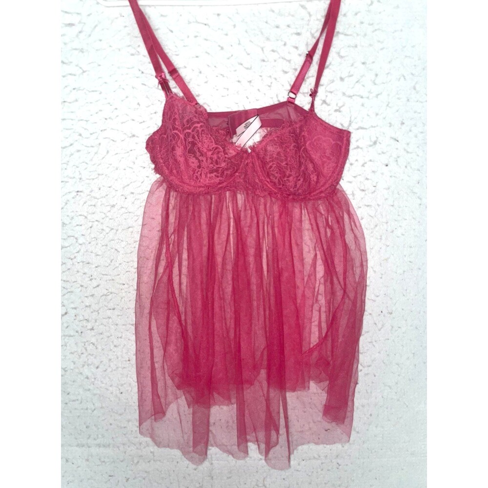 Victoria's Secret Lace Sheer Babydoll Lingerie Nightgown Sz L Sexy Pink